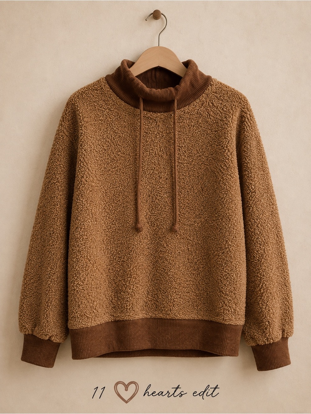 BiBi Brown Teddy Sherpa Cowl Neck Drawstring Pullover S NWOT